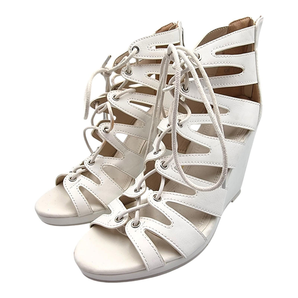 Aspirer Wedge Shoes Women's UK Size 7 Ankle Strap White Lace Up Faux Leather