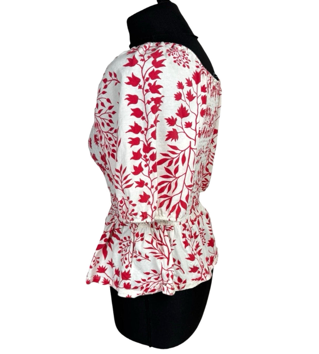 Peacocks Peplum Frill Top Women’s UK Size 10 Square Neck Bell Sleeve White Red