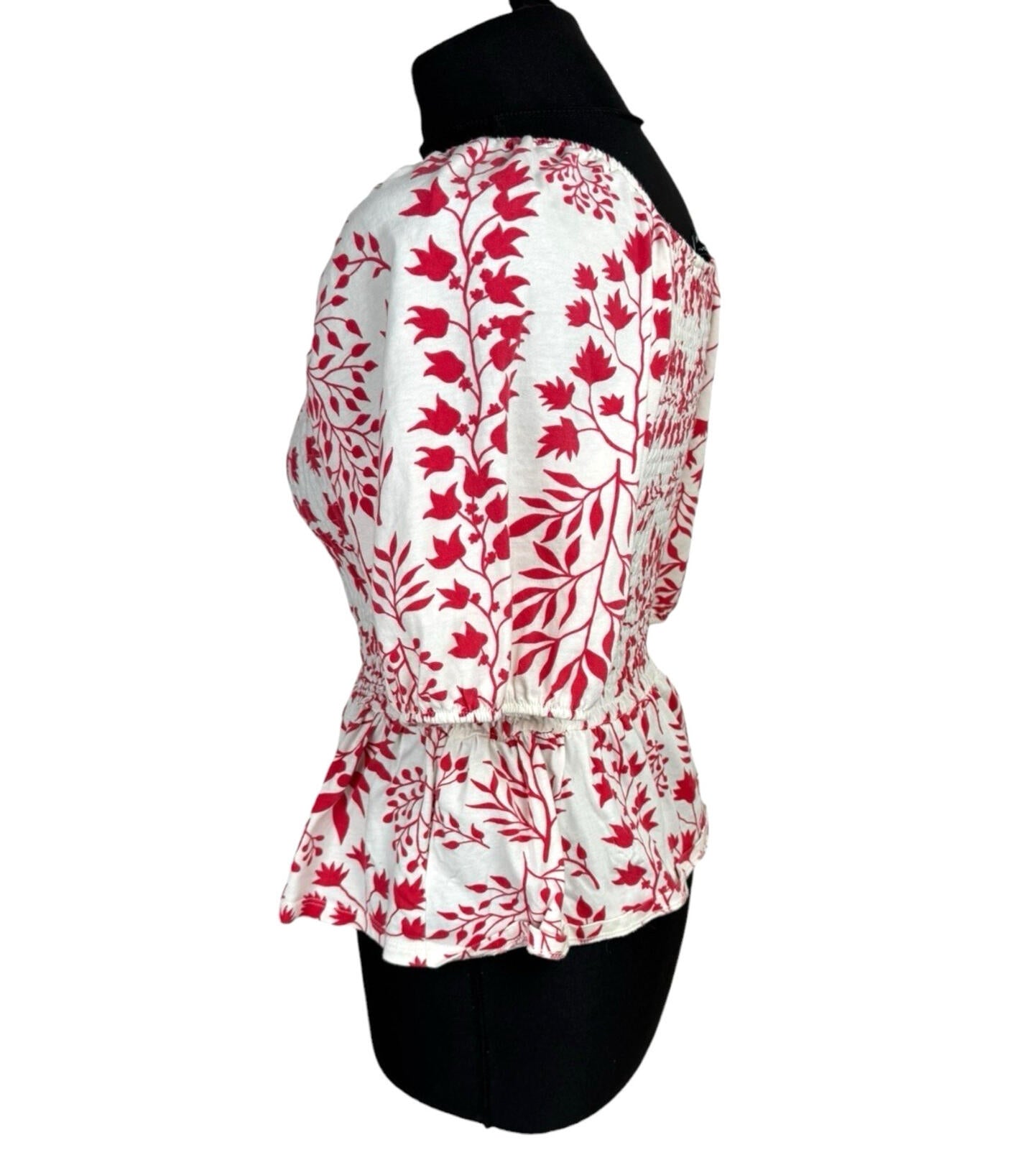 Peacocks Peplum Frill Top Women’s UK Size 10 Square Neck Bell Sleeve White Red