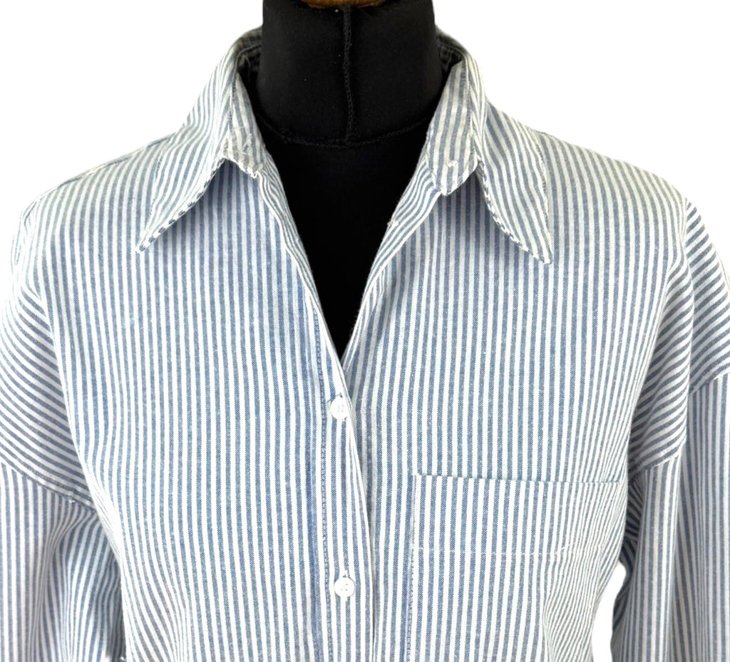 Zara Blue Stripe Shirt Blouse Collared Long Sleeve Distressed Womens UK Size S