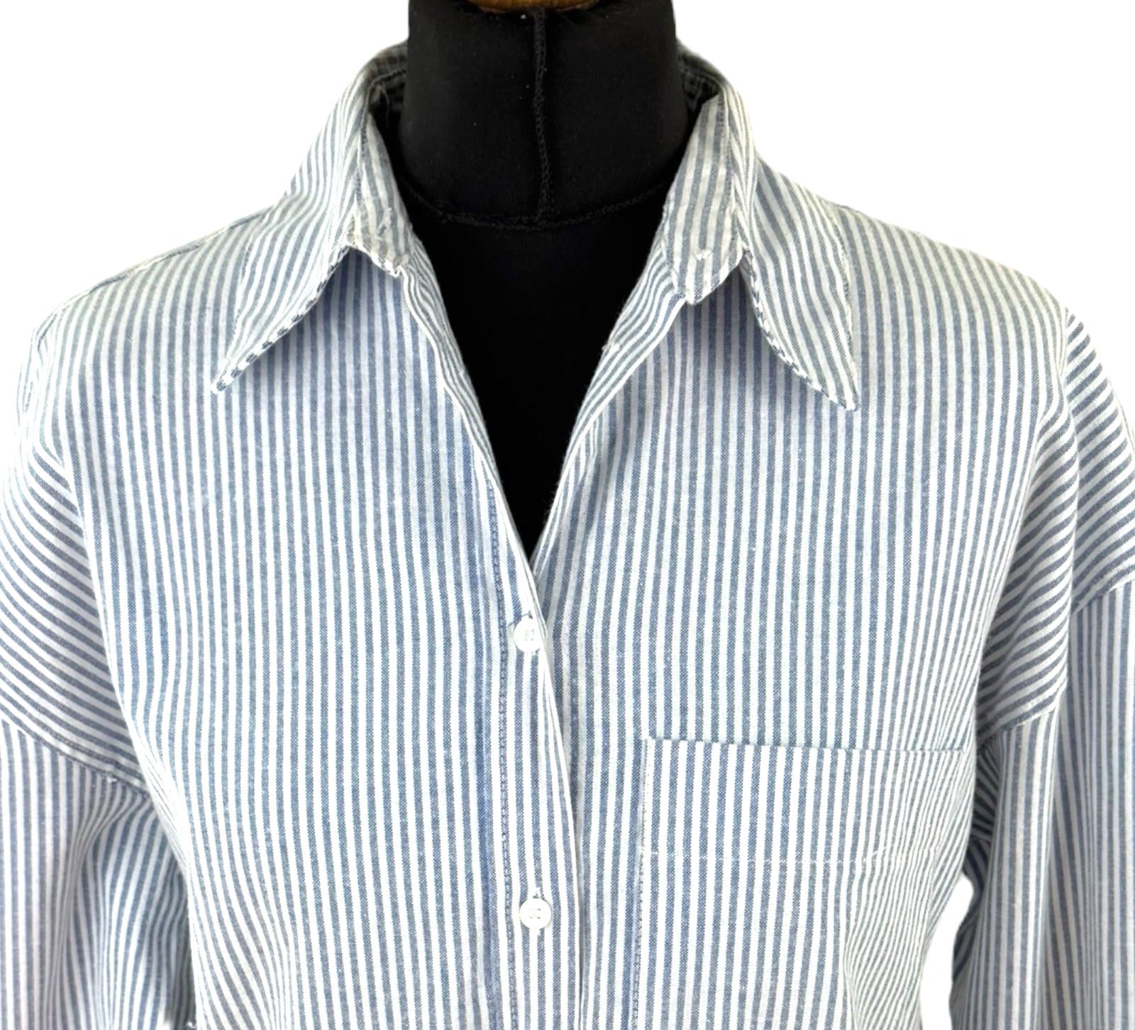 Zara Blue Stripe Shirt Blouse Collared Long Sleeve Distressed Womens UK Size S