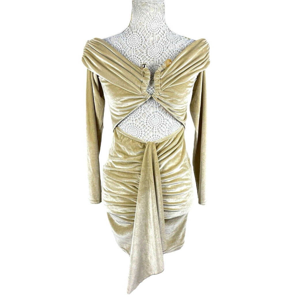 Gold Velour Cut Out Mini Dress Off Shoulder Ruffle Women’s UK Size 8