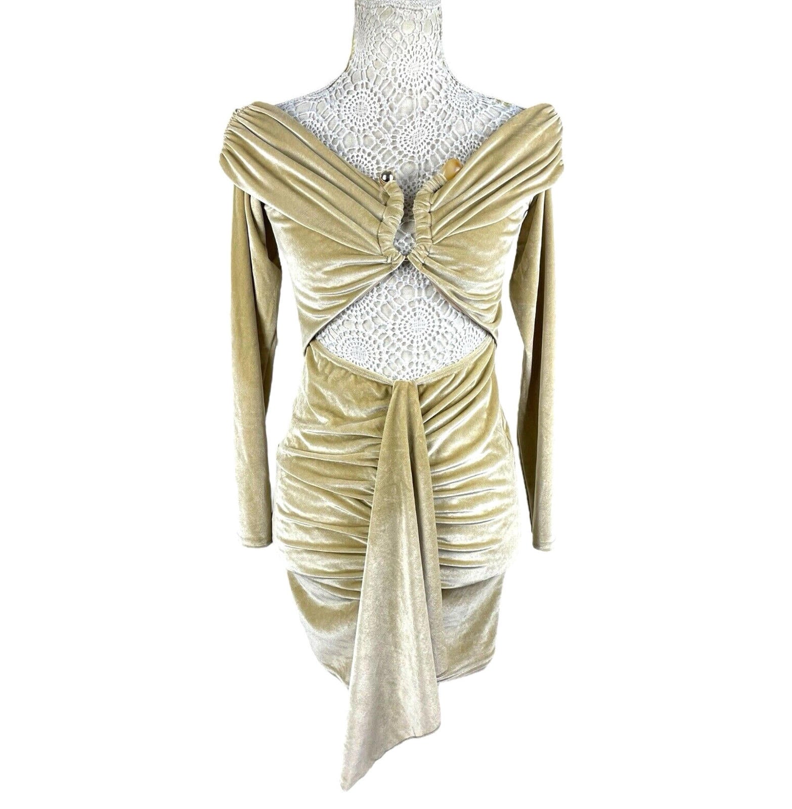 Gold Velour Cut Out Mini Dress Off Shoulder Ruffle Women’s UK Size 8