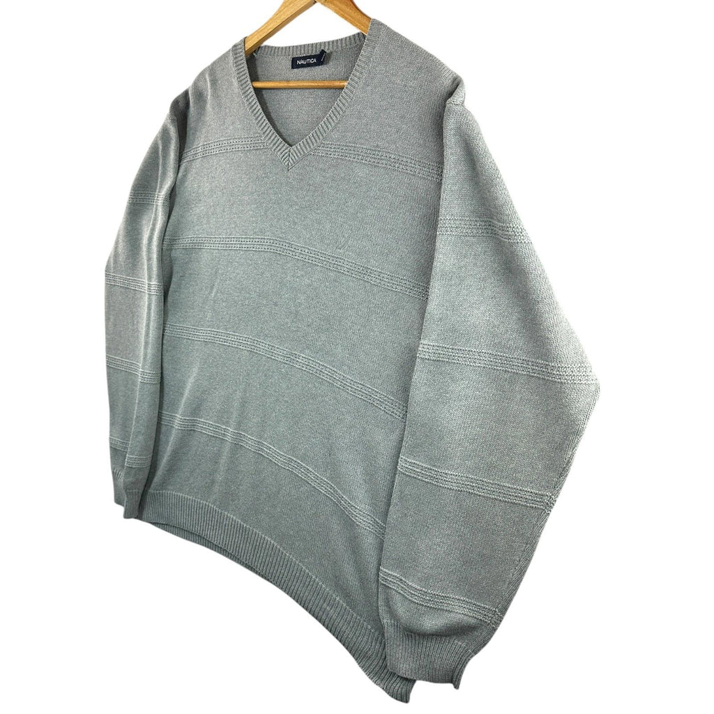 Nautica Knit Jumper Men's UK Size XL Grey Stripe Long Sleeve 100% Cotton Sweater