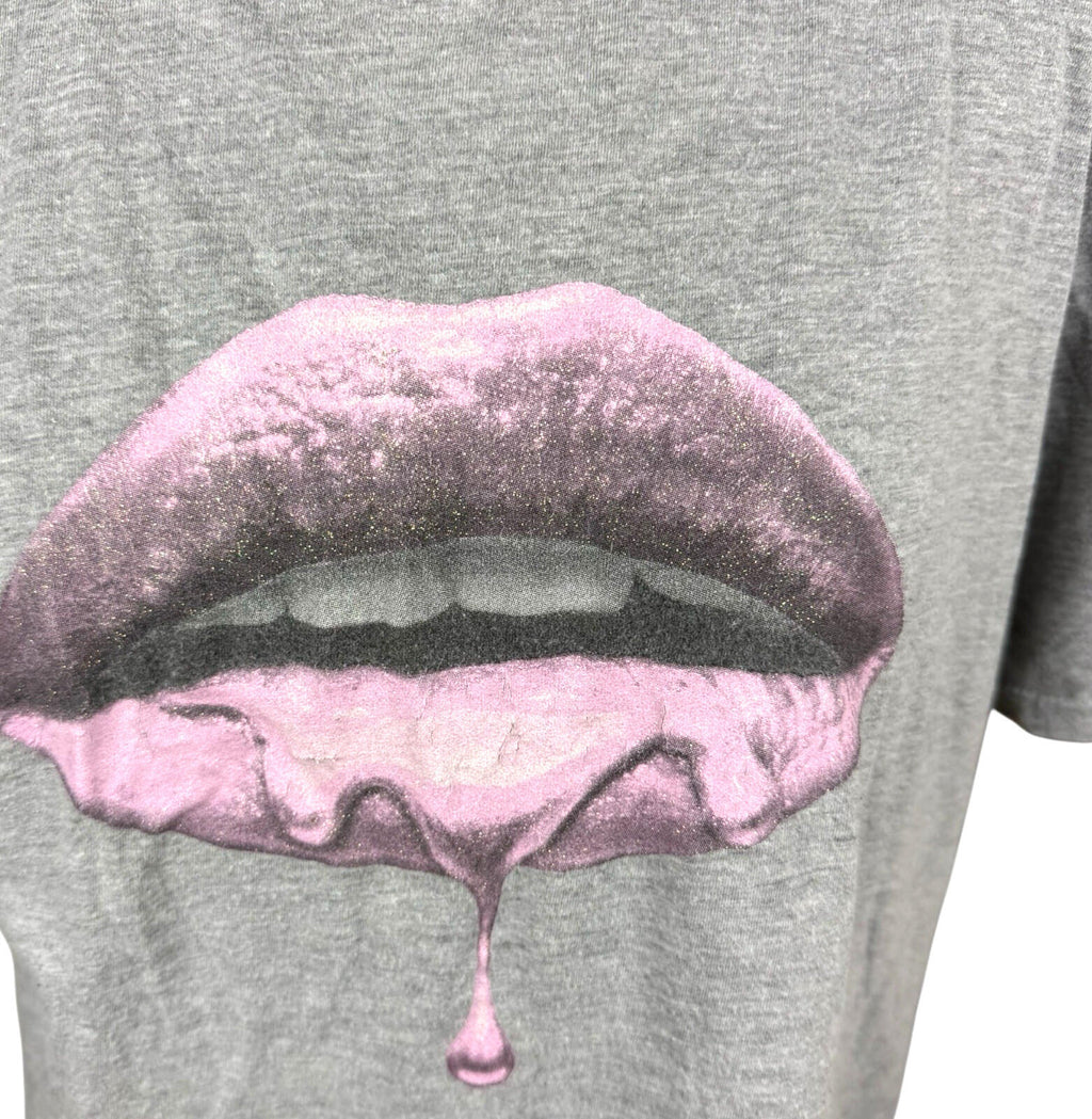 Pink Glitter Lips T-Shirt Women’s UK Size L Grey Jersey Graphic Print Crew Neck