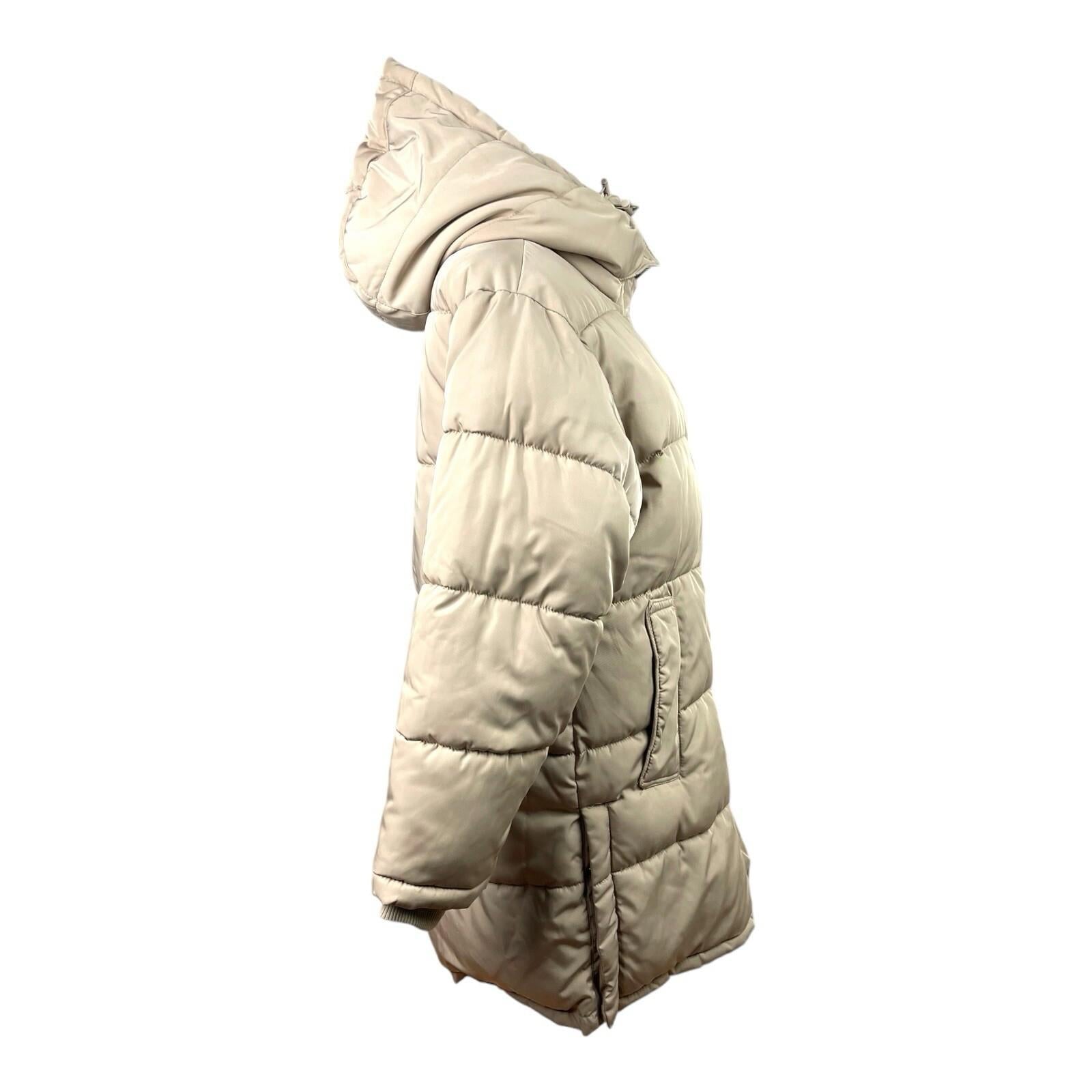 Pull & Bear Puffer Jacket Women's UK Size XS Beige Relaxed Fit Removable Hood
