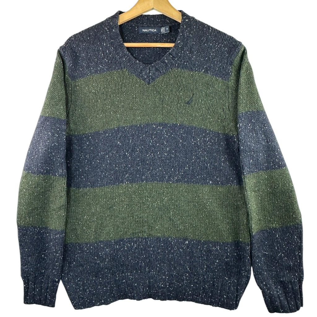 Nautica Knit Jumper Men's UK Size M Blue Long Sleeve Easy Care V-Neck Chunky