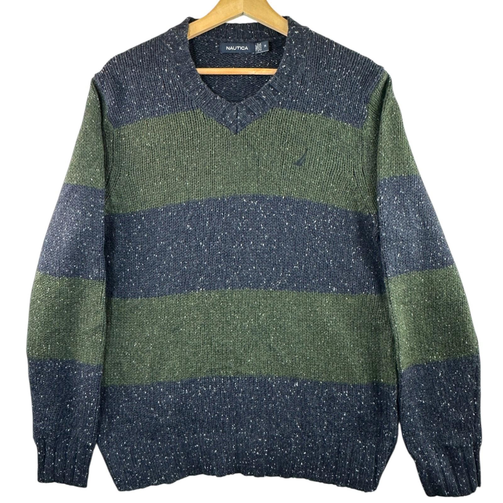 Nautica Knit Jumper Men's UK Size M Blue Long Sleeve Easy Care V-Neck Chunky