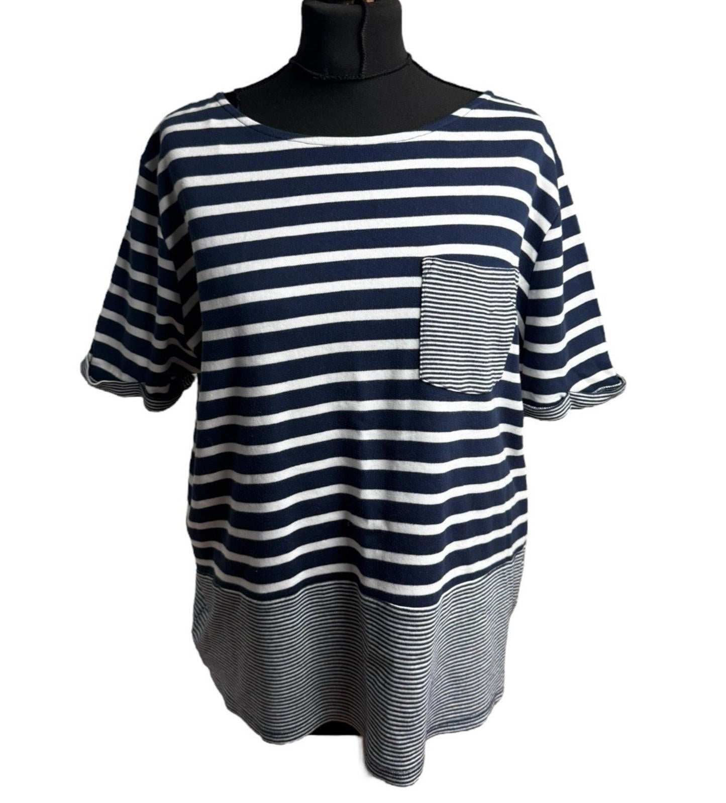 TU Navy Stripe Nautical T-Shirt Front Pocket 100% Cotton Women’s UK Size 18