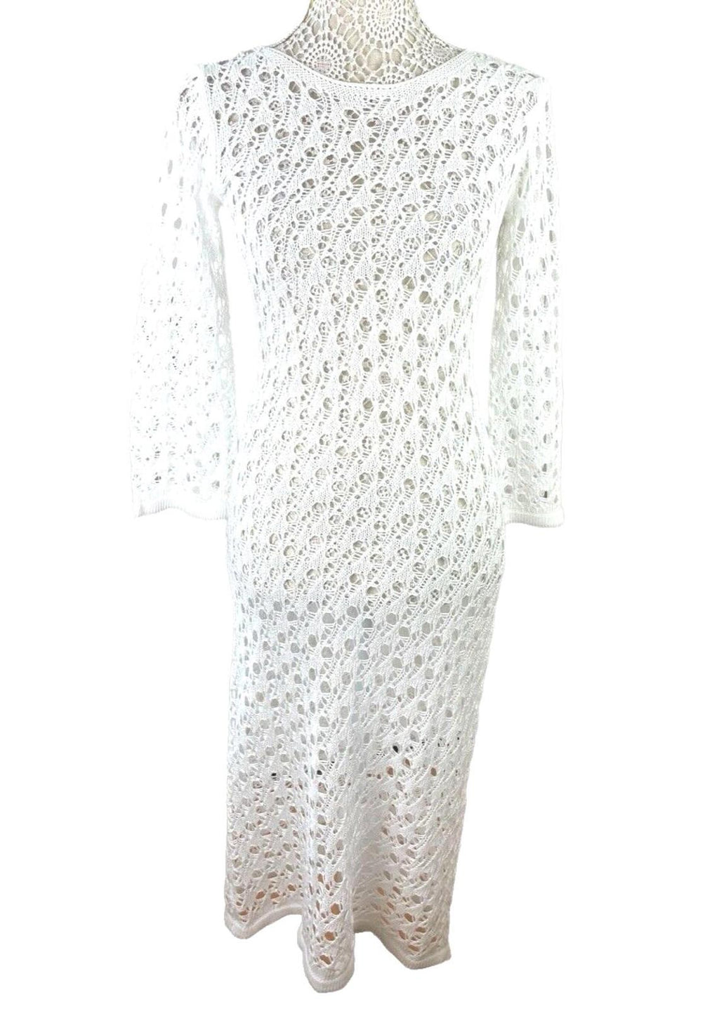 Crochet Knit Maxi Dress Women’s UK Size 8 Backless White Long Sleeve Bodycon