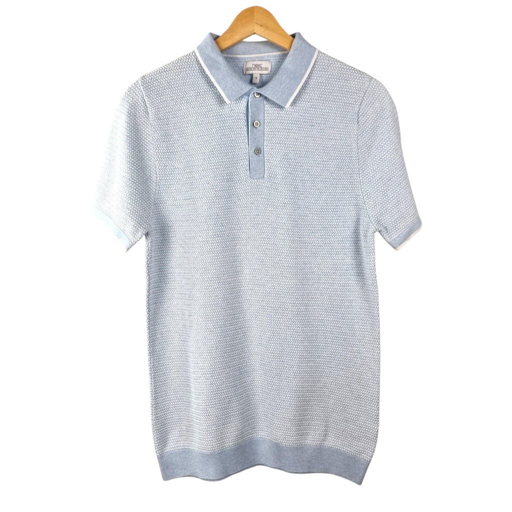 Next Knit Polo Shirt Men's UK Size S Textured Sky Blue Short Sleeve 100% Cotton