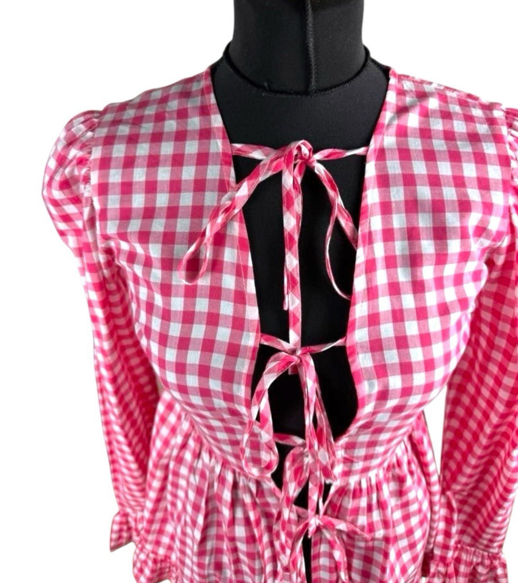 Gingham Tie Front Blouse Long Sleeve Grilled Hem Women’s UK Size S