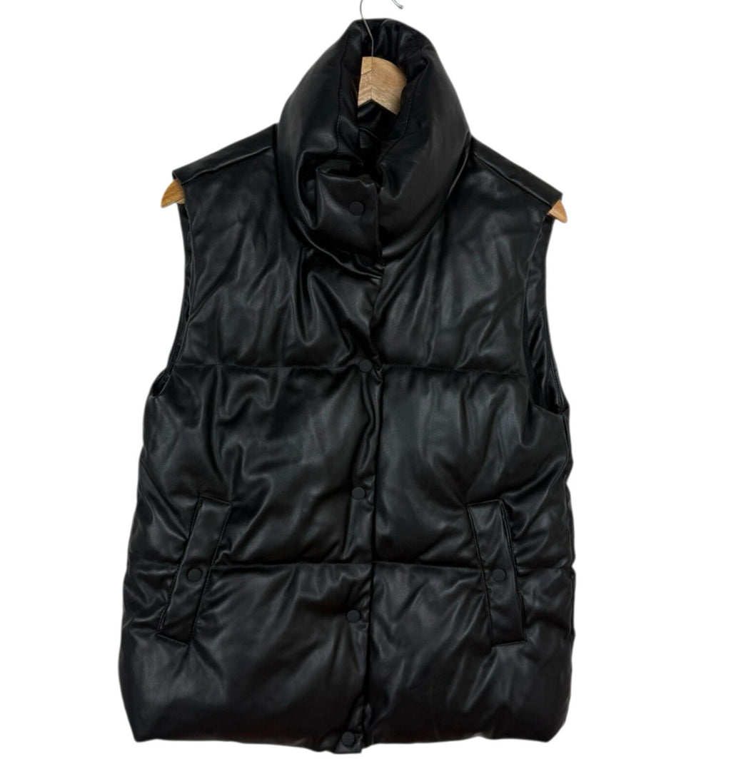 Stradivarius Faux Leather Gillet Jacket Women’s UK Size XS Padded Pockets Black