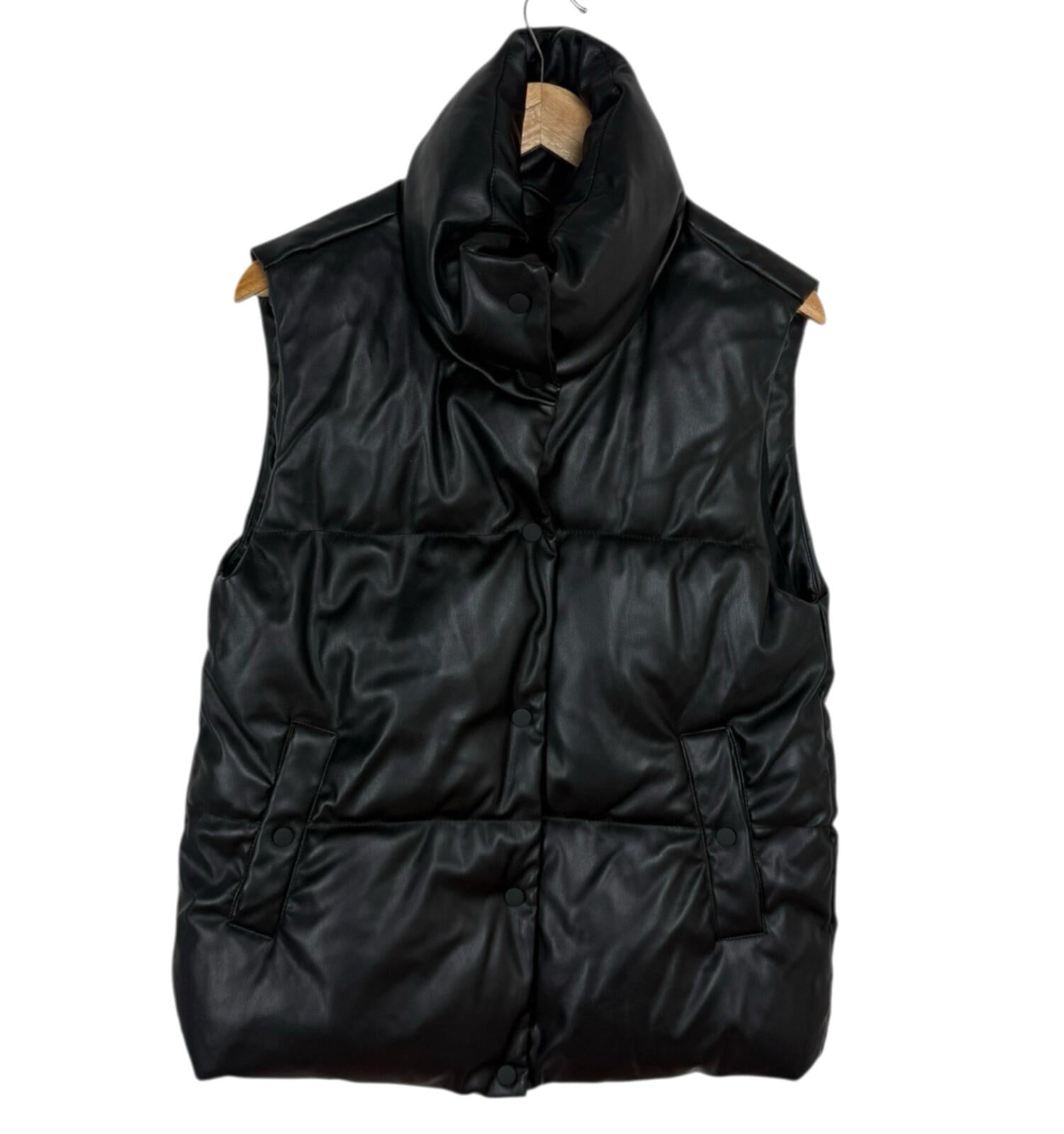 Stradivarius Faux Leather Gillet Jacket Women’s UK Size XS Padded Pockets Black