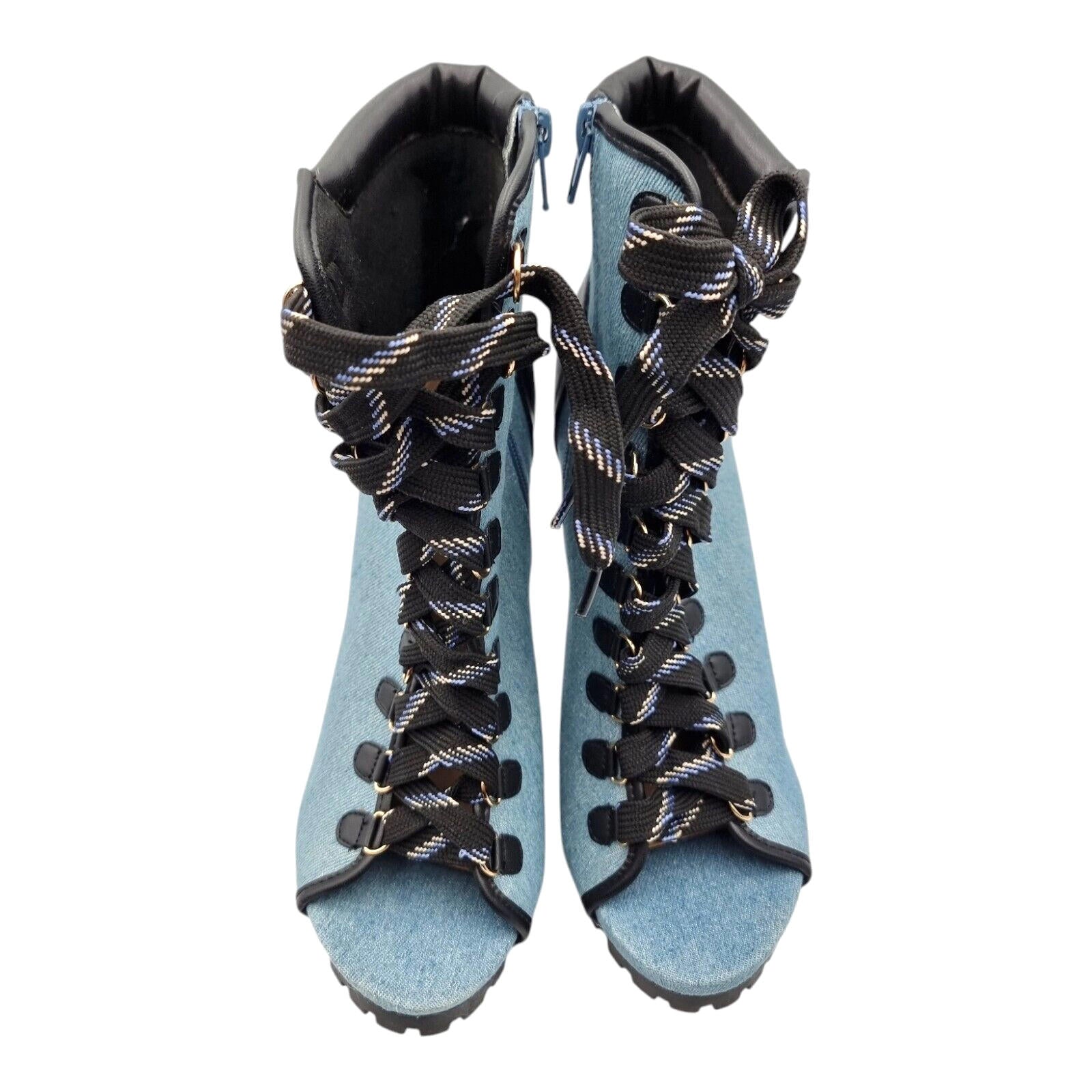 Denim Stiletto Shoe Women's UK Size 6.5 Open Toe Heel Lace Up Zip Fastening Boot