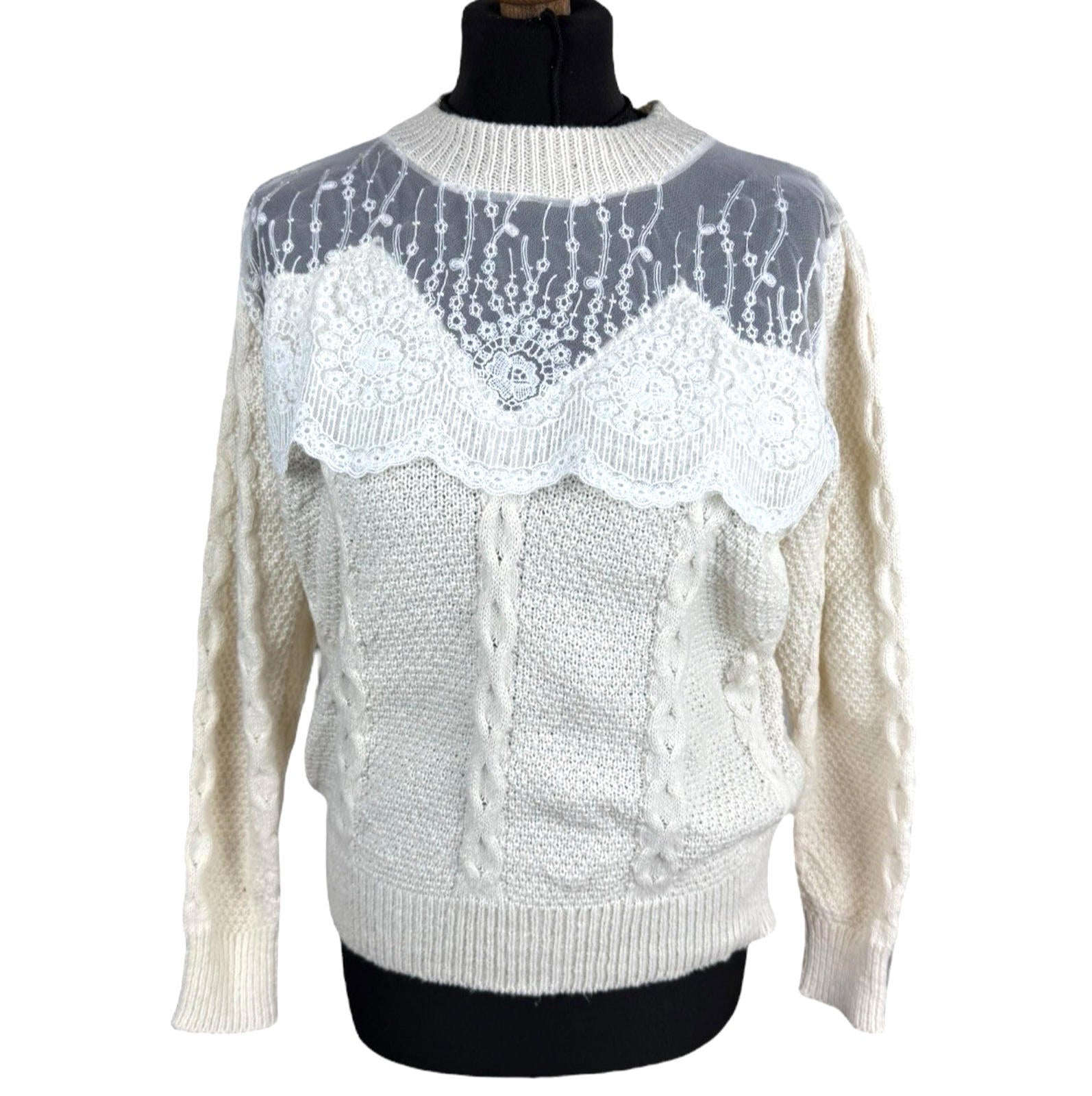 Shein Beige Knit Jumper White Lace Panel Long Sleeve Women’s UK Size L