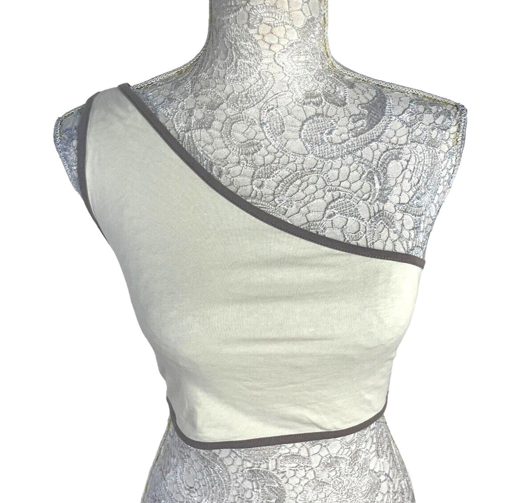 Pretty Little Thing Crop Top Cream One Shoulder Grey Trim Women's UK Size 8
