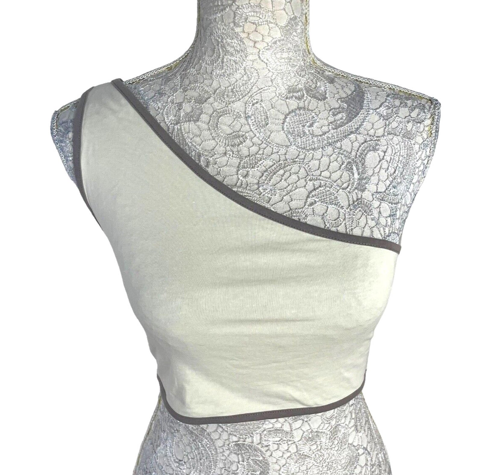 Pretty Little Thing Crop Top Cream One Shoulder Grey Trim Women's UK Size 8