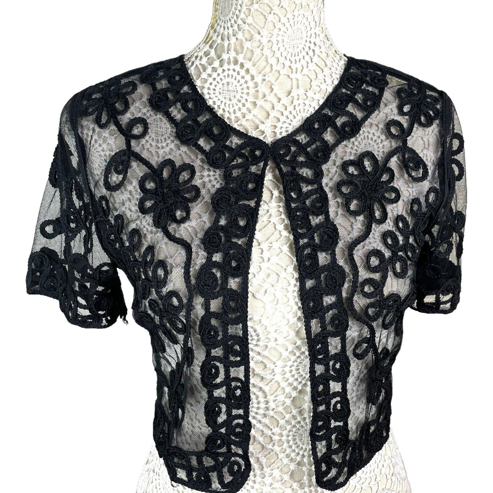 Quiz Sheer Lace Black Cropped Cardigan Floral Mesh Women’s UK Size S