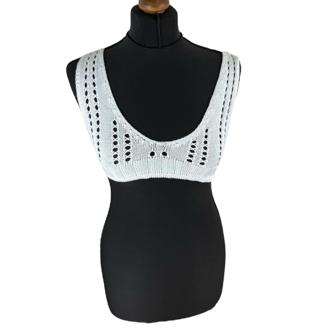White Knit Micro Crop Top Perforated Hole Design Women’s UK Size 8