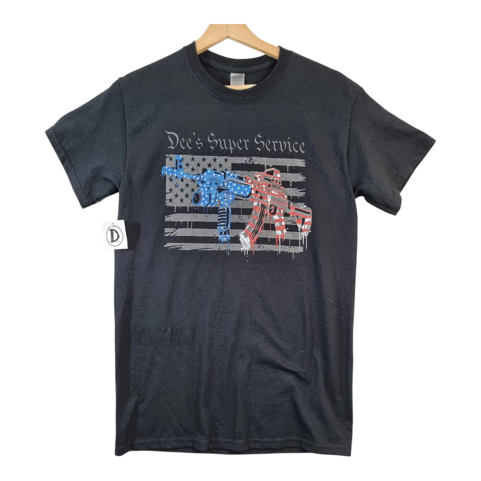 Graphic Print T-Shirt Men's UK Size S Black Dee's Super Service 100% Cotton