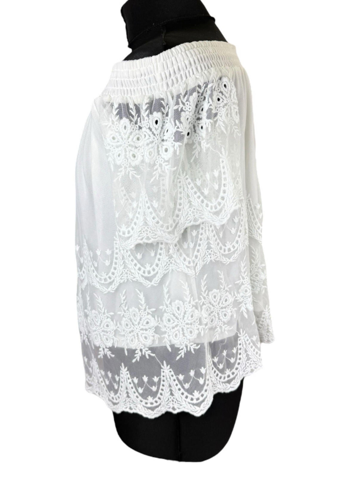 New Look Off Shoulder Blouse Women’s UK Size 10 White Lace Trim Shirred Bardot