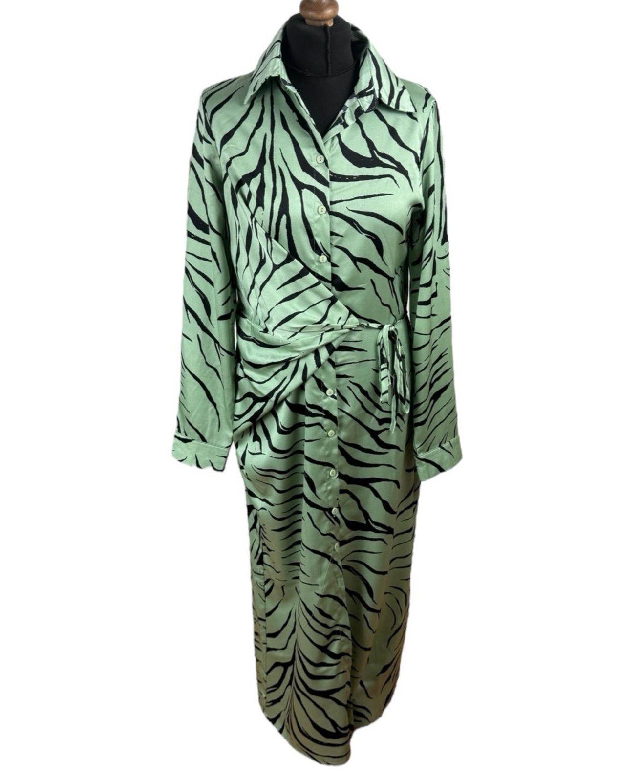 Elli White Satin Shirt Dress Animal Print Wrap Design Green Women’s UK Size S