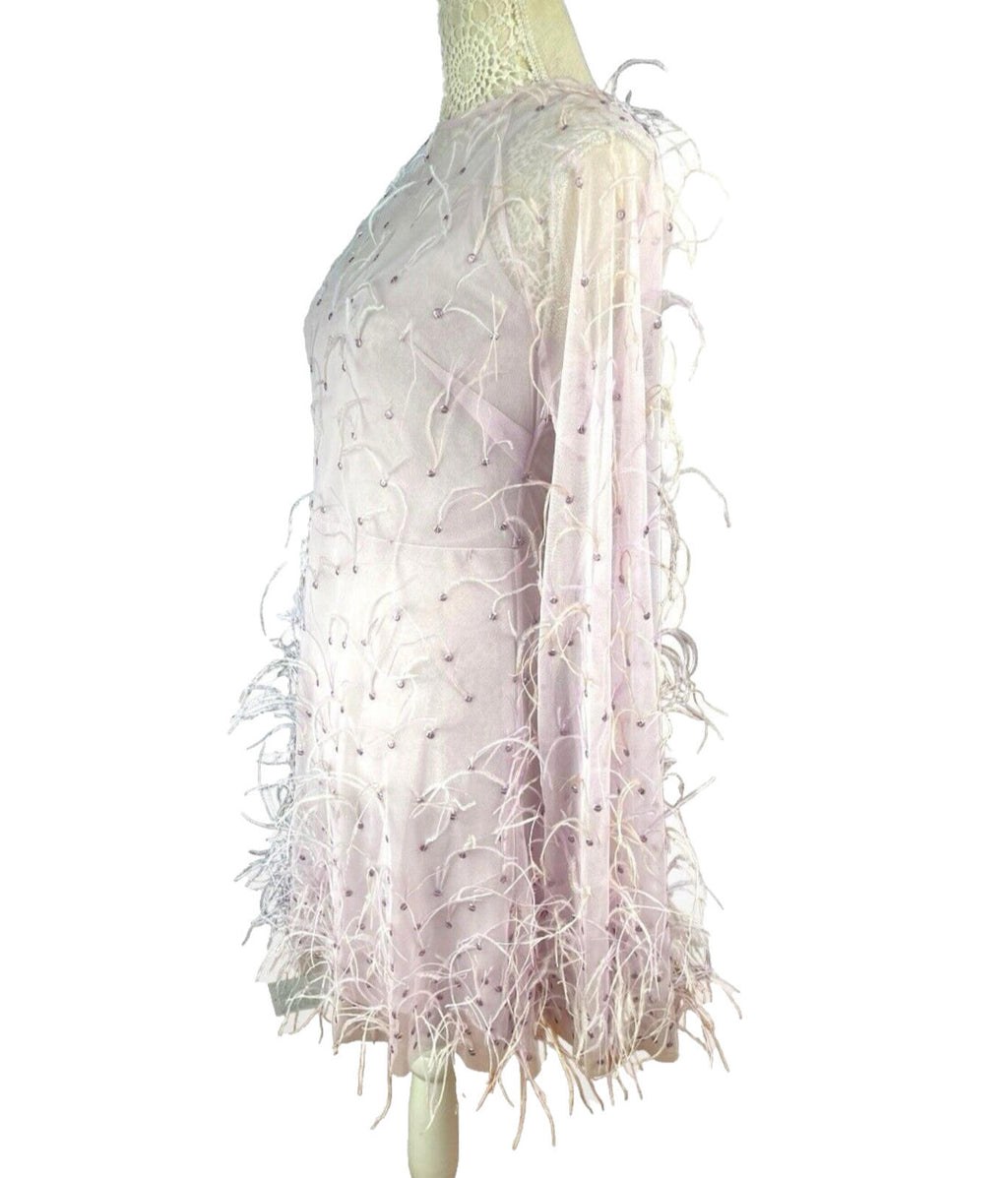 Lace & Beads Lilac Aster Feather Midi Dress Shawl Sleeve Women’s UK Size 10