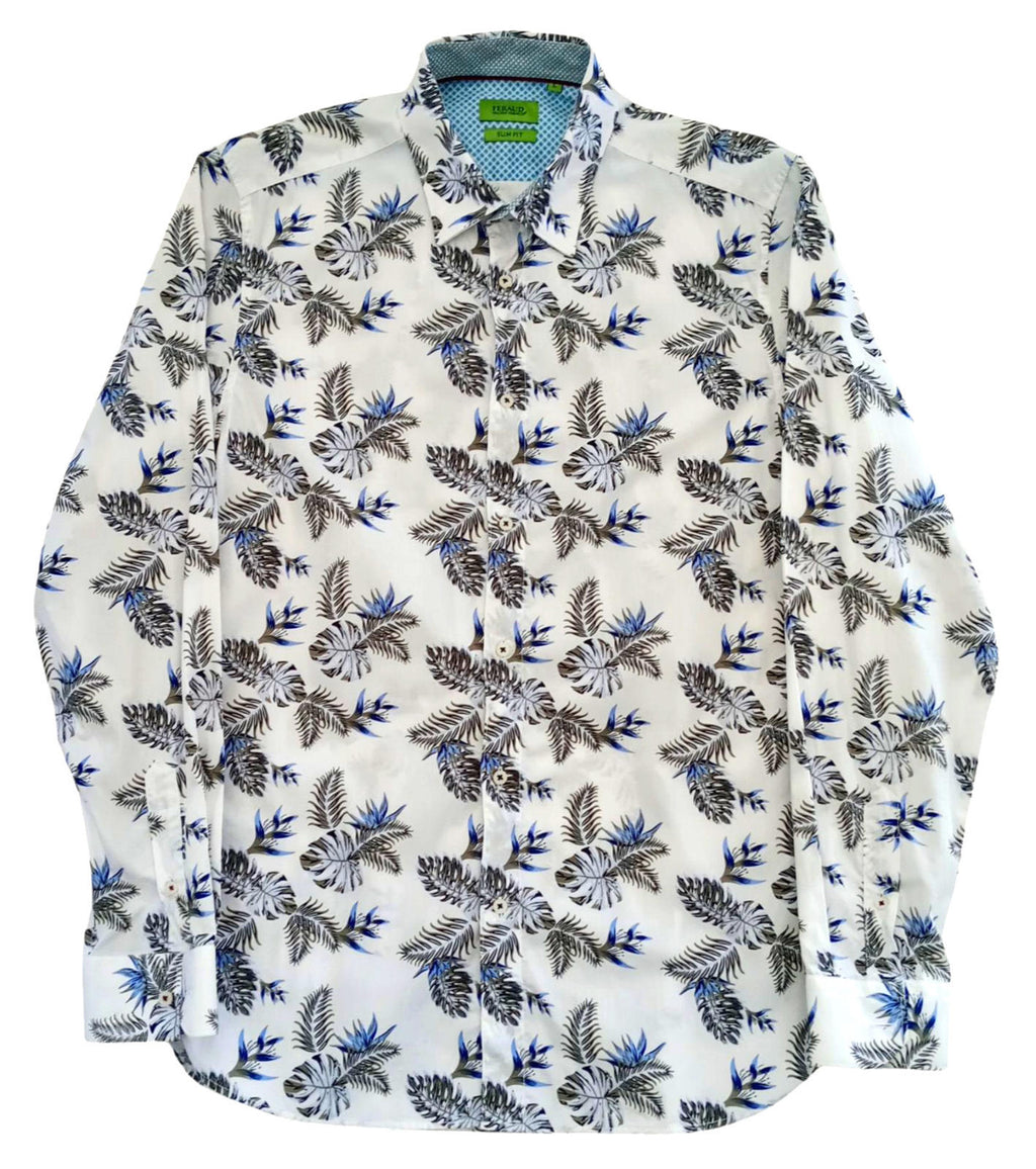 Feraud Shirt Long Sleeve Leaf Design White 100% Cotton Men's UK Size Medium M