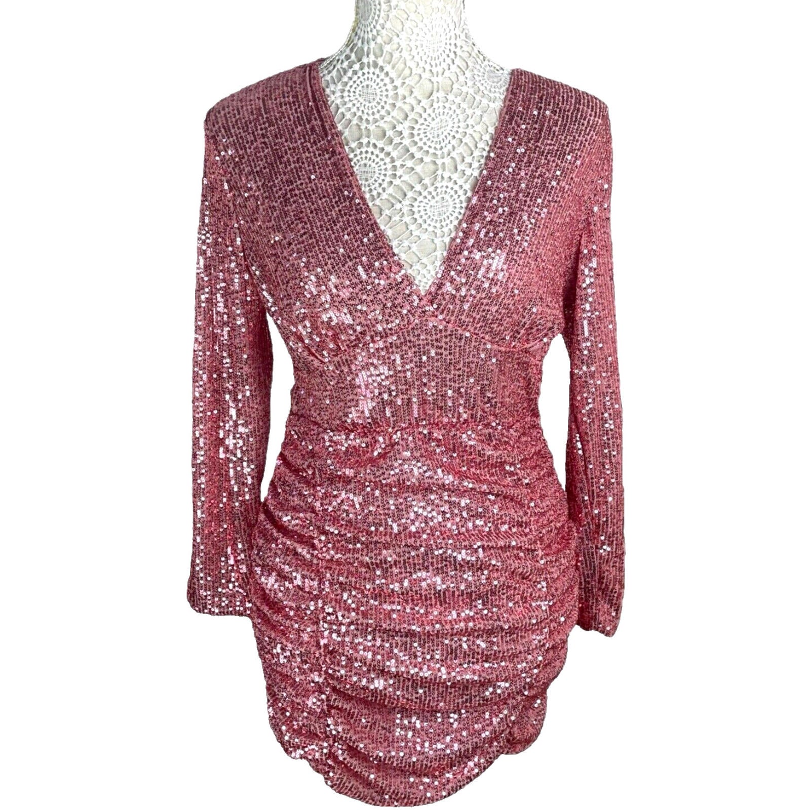 Parisian Mini Dress Pink Full Sequin Long Sleeve Occasion Women’s UK Size M (10)