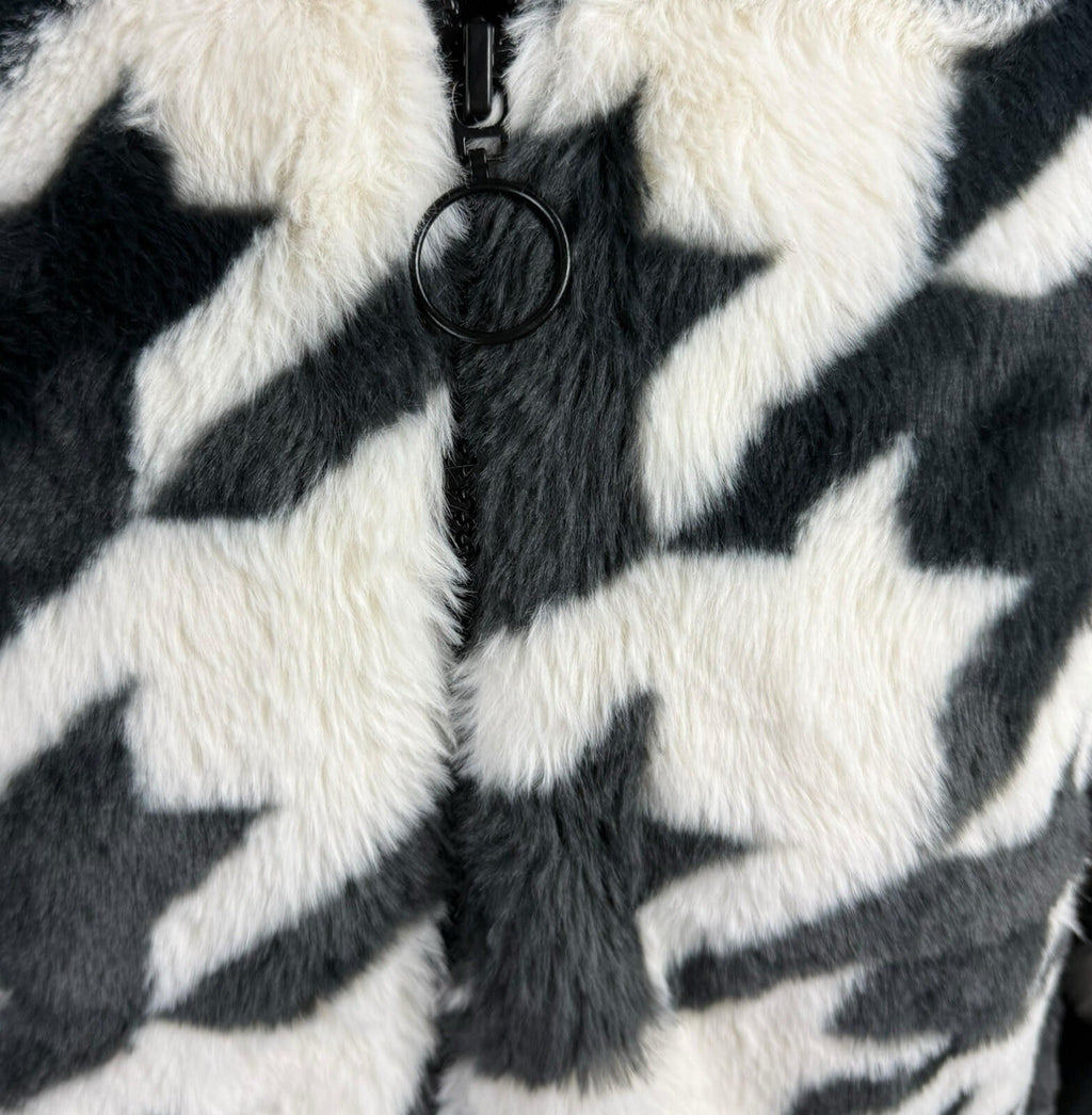 Divided Faux Fur Bomber Jacket Women’s UK Size XS Hooded Pockets Houndstooth