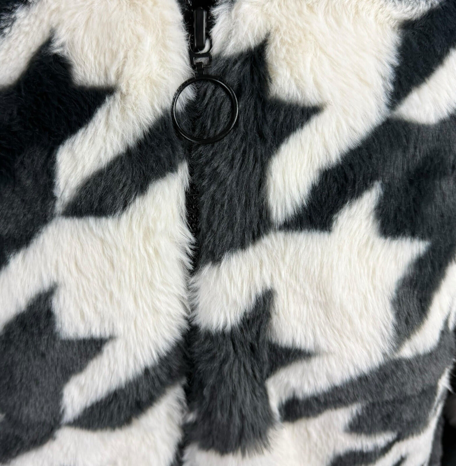 Divided Faux Fur Bomber Jacket Women’s UK Size XS Hooded Pockets Houndstooth