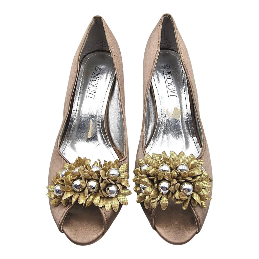 Jeckni Taupe Satin Slingback Court Shoes Women's UK Size 6.5 Gold Floral Corsage