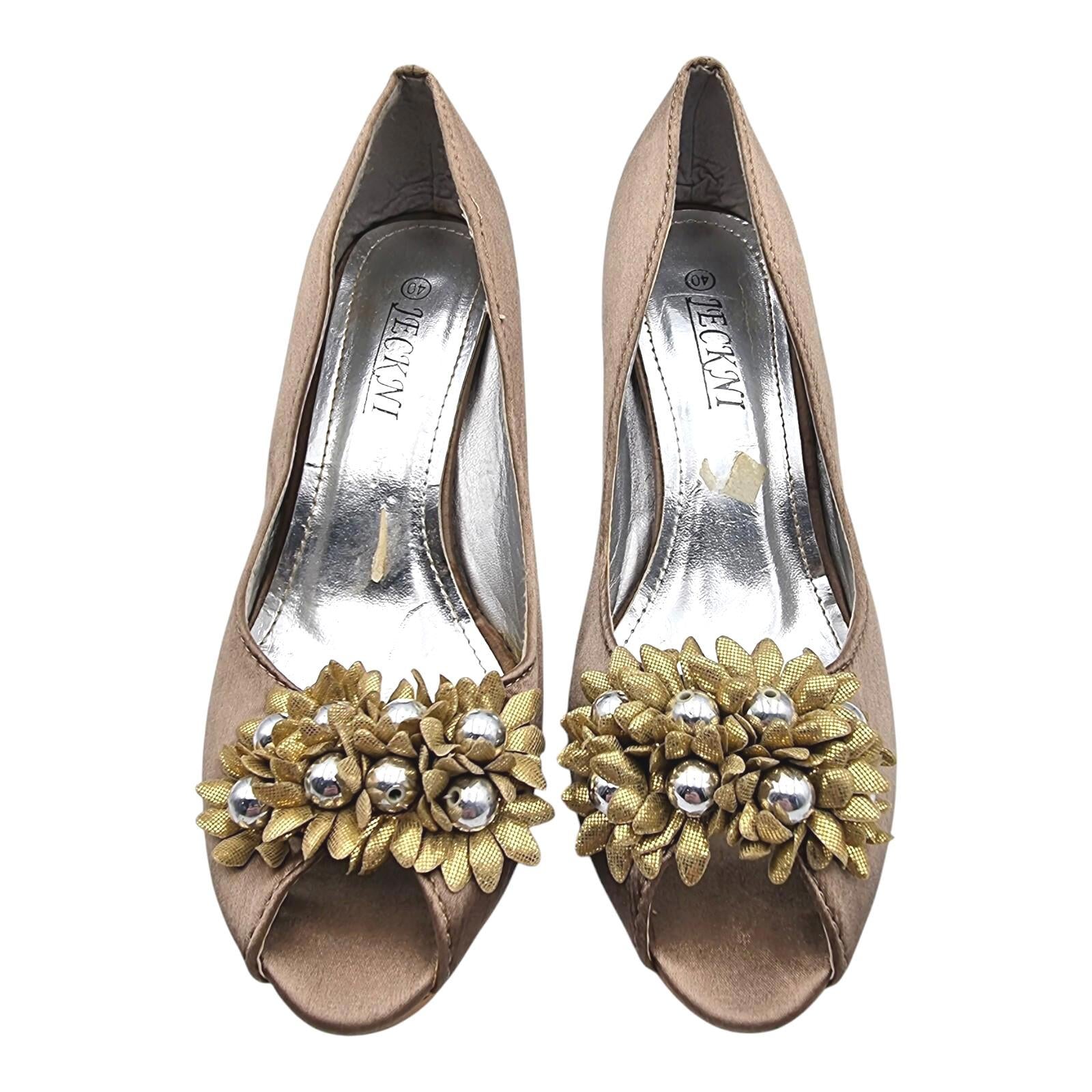 Jeckni Taupe Satin Slingback Court Shoes Women's UK Size 6.5 Gold Floral Corsage