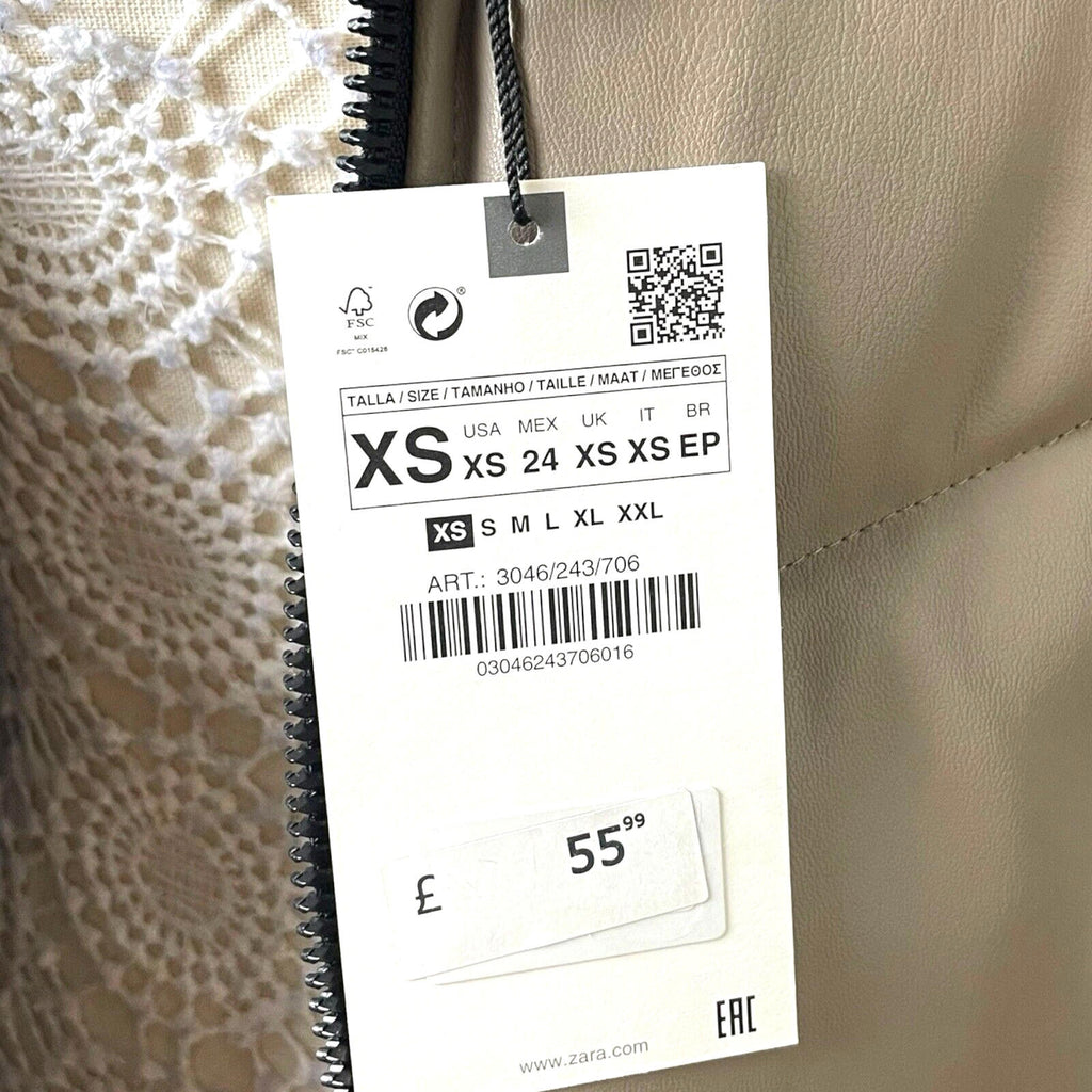 Zara Gilet Women's UK Size XS Faux Leather Puffer Beige Hooded Waist Coat