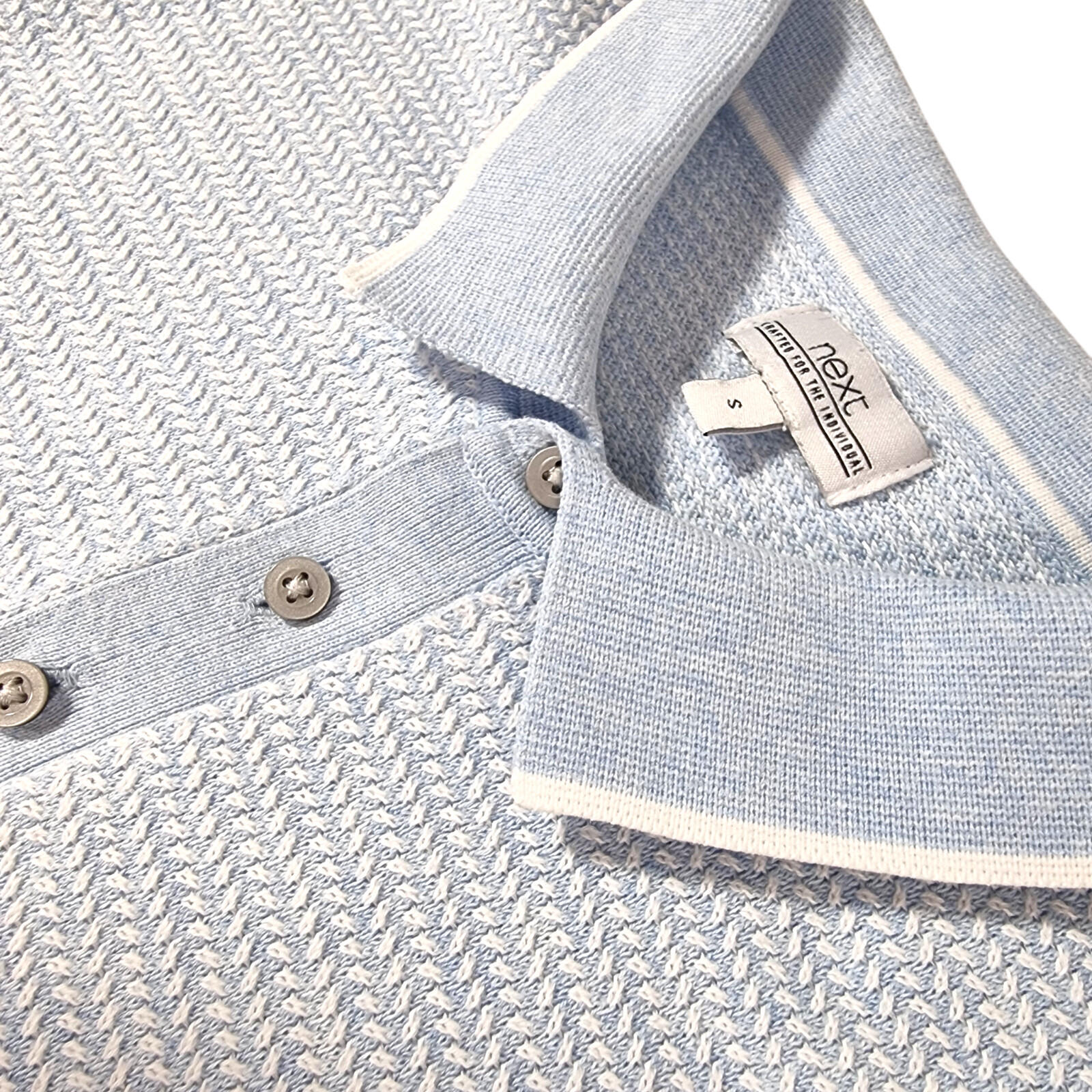 Next Knit Polo Shirt Men's UK Size S Textured Sky Blue Short Sleeve 100% Cotton