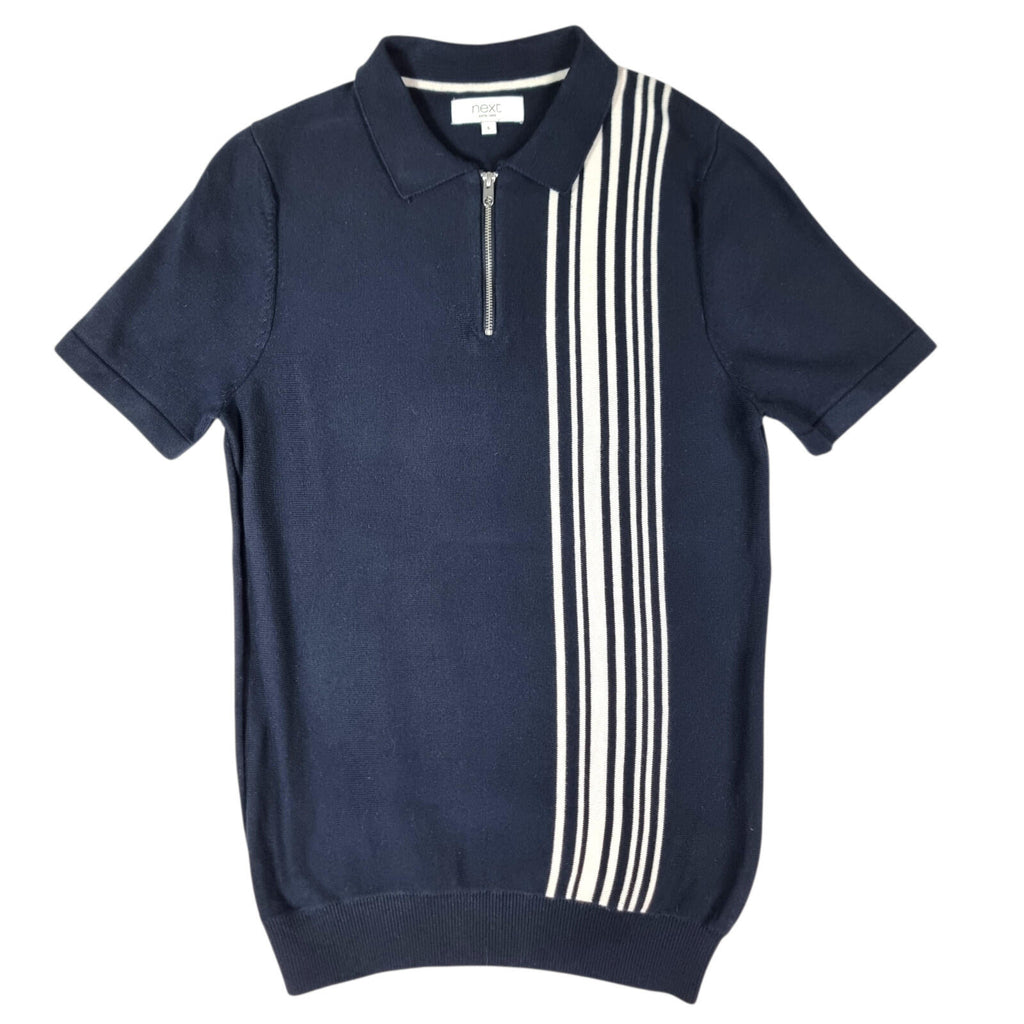 Next Knit Polo Shirt Men's UK Size S Navy Blue Stripe Short Sleeve 1/4 Zip