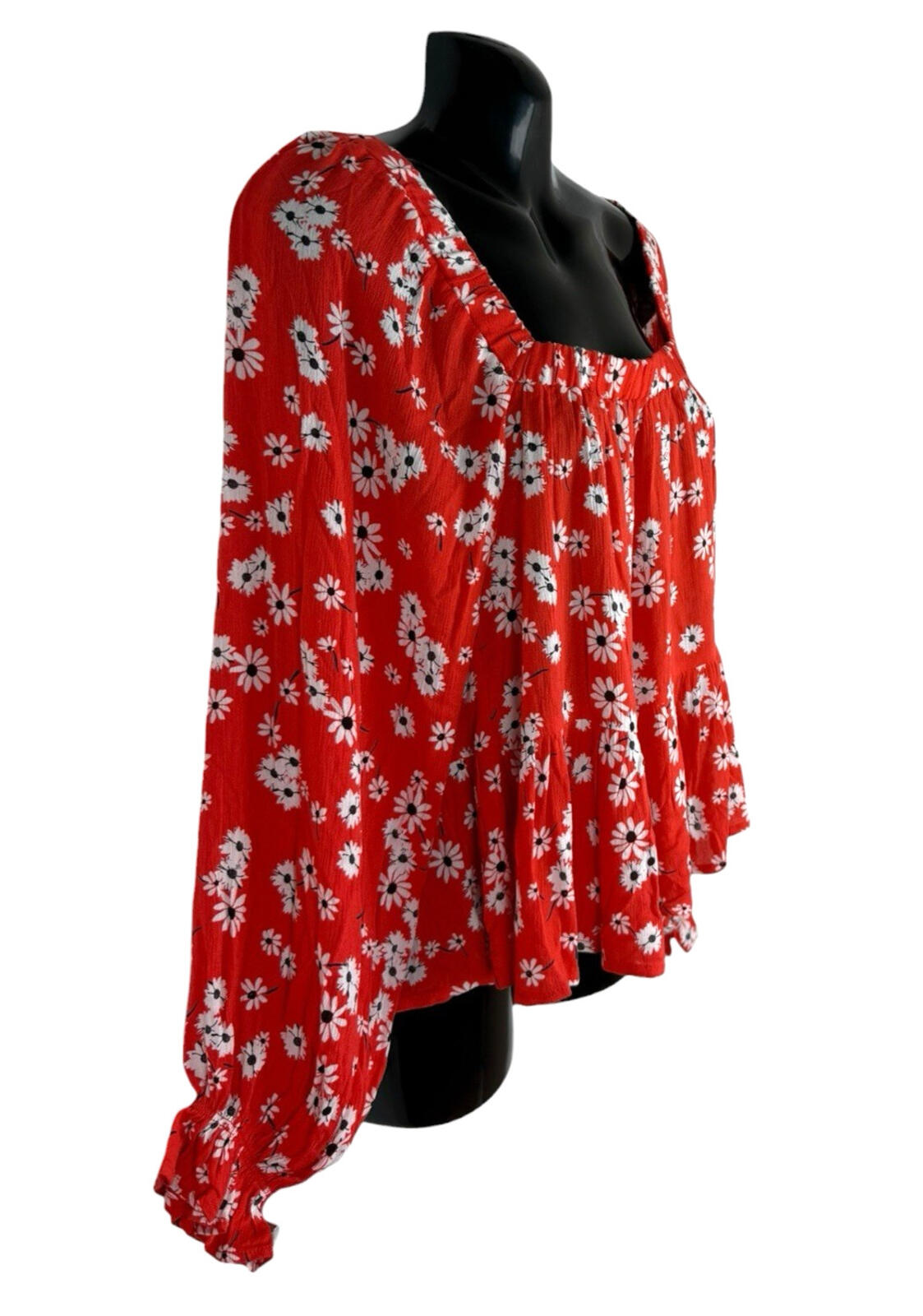 ASOS Square Neck Crinkle Smock Top Women’s UK Size 8 Red Floral Elasticated Cuff