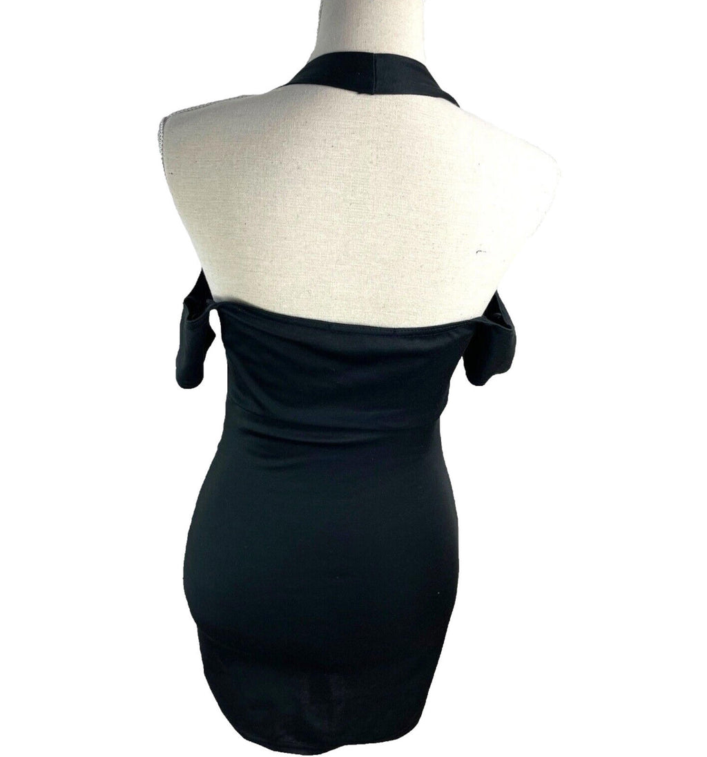 Black Halter Neck Mini Dress Lace Up Front Cold Shoulder Women’s UK Size 8