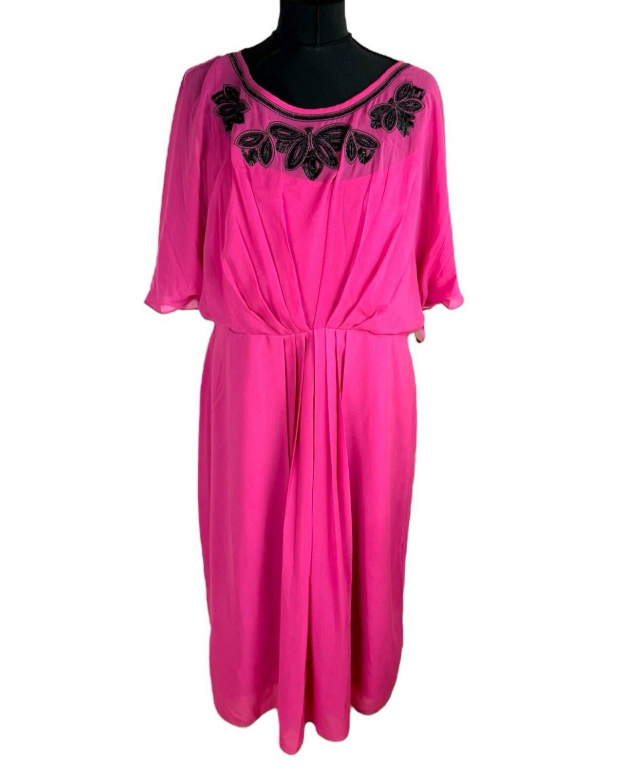 Monsoon Bright Pink Chiffon Midi Dress Beaded Women’s UK Size 16