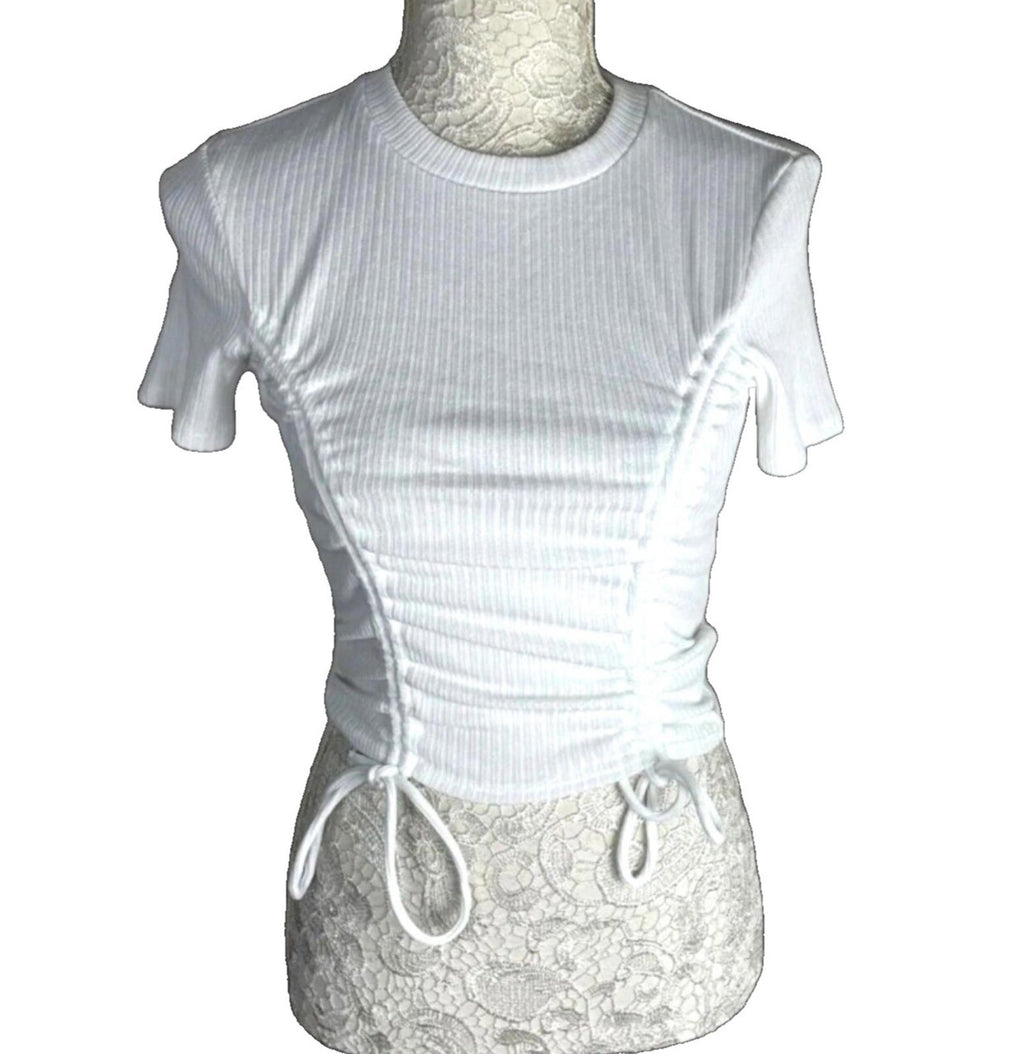 Divided Crop Top Women's UK Size S White Ribbed Ruffle Bow Detail Summer Cropped