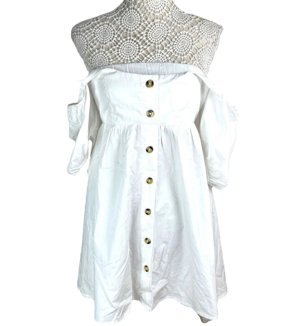 Off Shoulder Mini Dress Women's UK Size 8 White Short Sleeve Button Front Summer