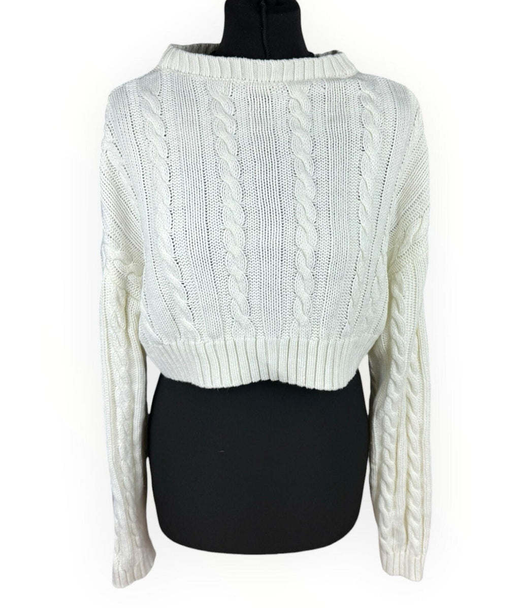 Dazy Cropped Cable Knit Jumper Women’s UK Size S Aaron Long Sleeve Ivory