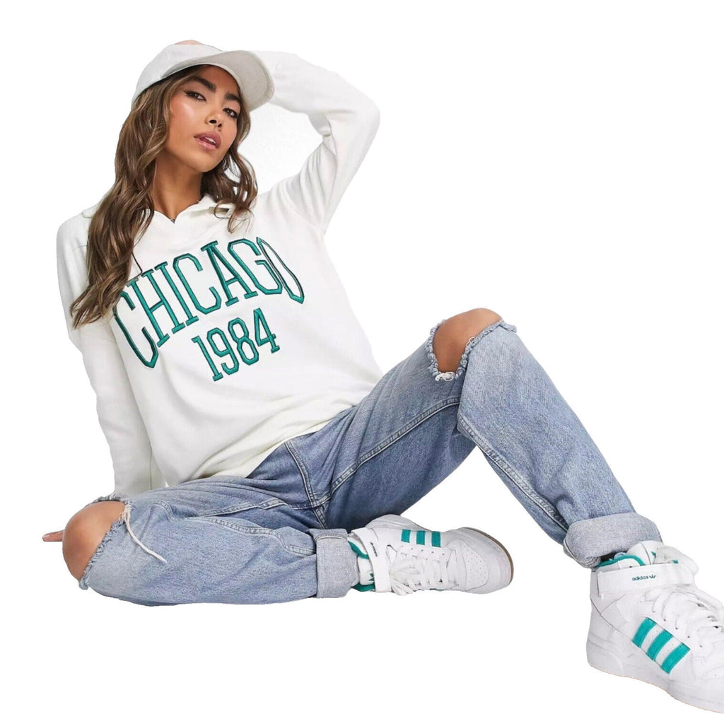 Stradivarius Over Sized Jersey Jumper Collared White Chicago Women's UK Size XS