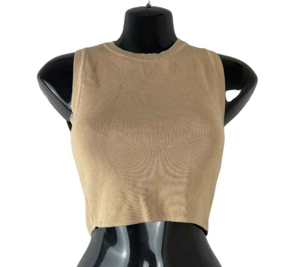 Zara Tan Knitted Crop Top Round Neck Tank Women’s UK Size S
