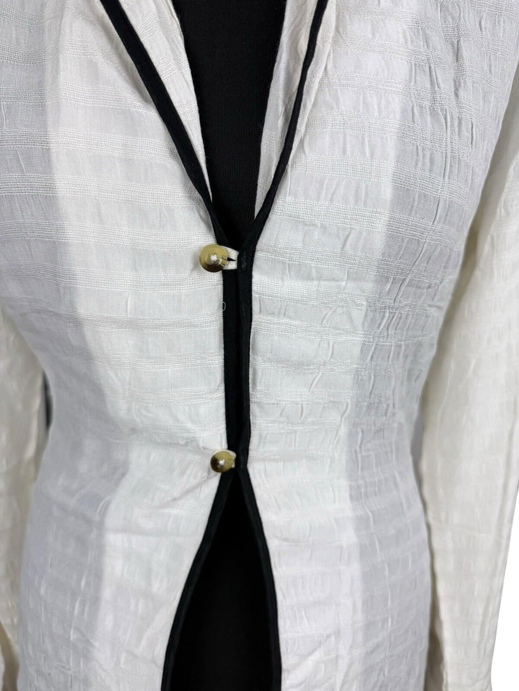 Linen Blazer Blouse Top Women’s UK Size S Flared Sleeves Ivory & Black Piping