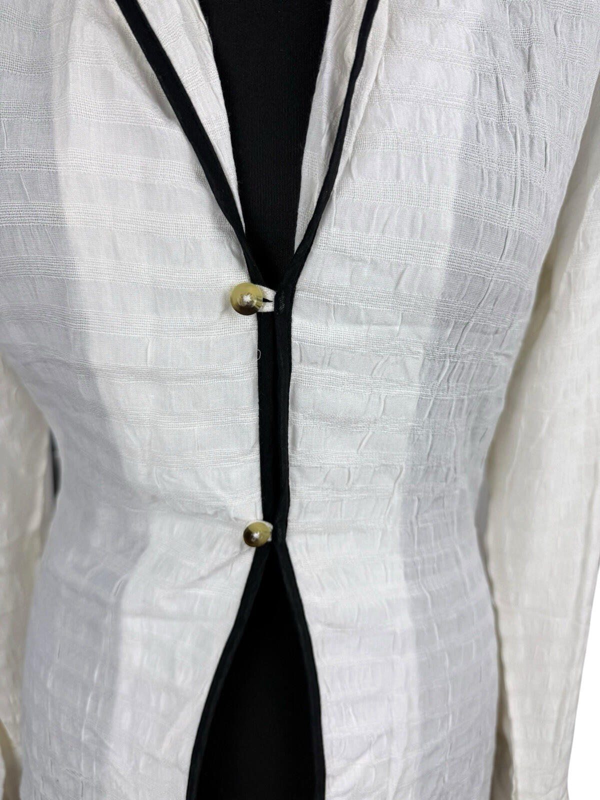 Linen Blazer Blouse Top Women’s UK Size S Flared Sleeves Ivory & Black Piping
