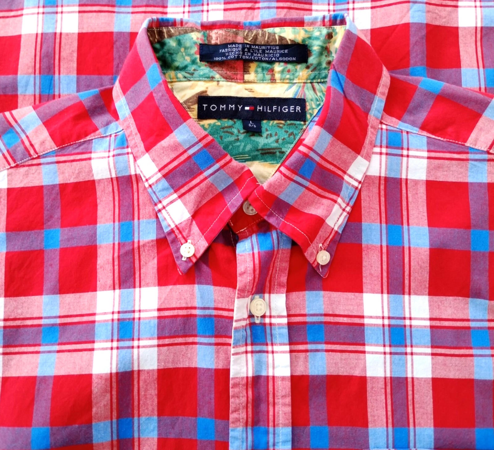 Tommy Hilfiger Shirt Men's UK Size L Red Check Short Sleeve Pockets 100% Cotton
