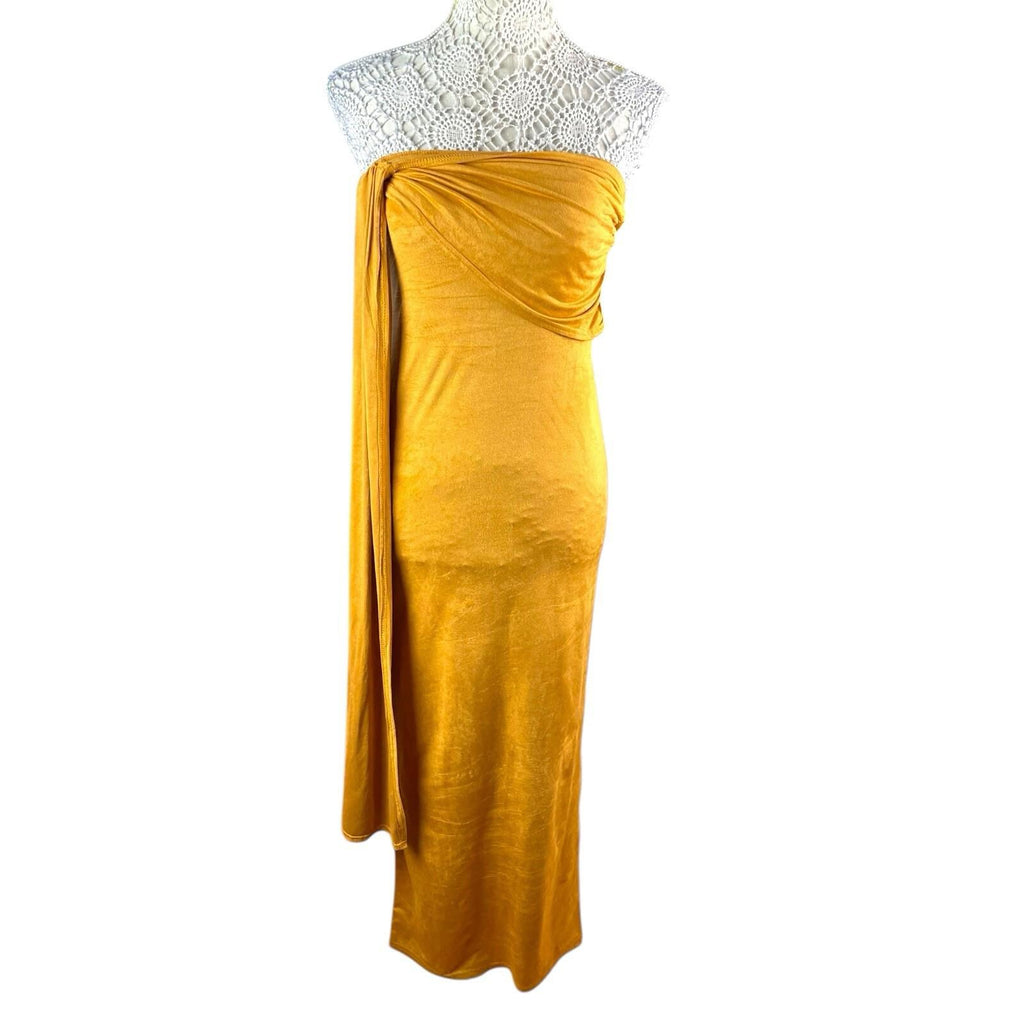 Strapless Drape Maxi Dress Women’s UK Size 8 Mustard Yellow Velour Occasion