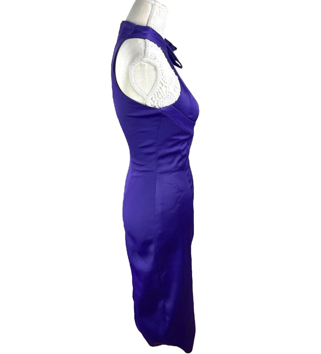 Karen Millen Dress Purple Stretch Satin Sheath High Neck Women’s UK Size 8